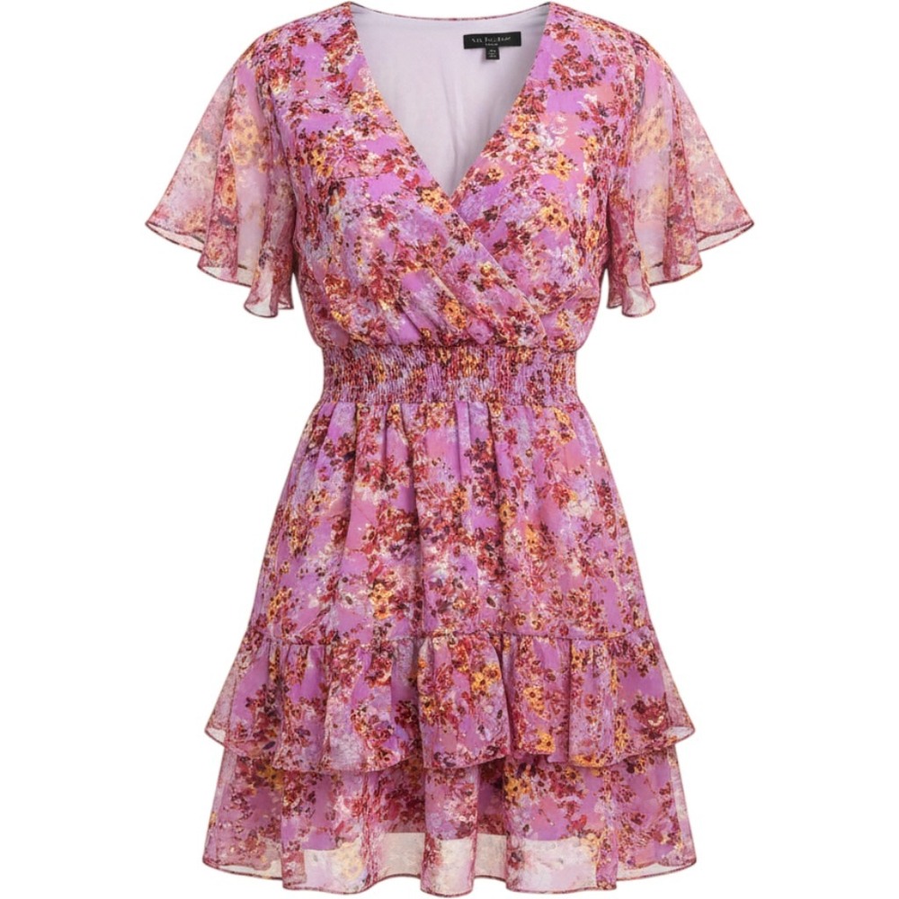 NWT Laundry by Shelli Segal Floral Chiffon Ruffle Mini Dress Purple Size 14